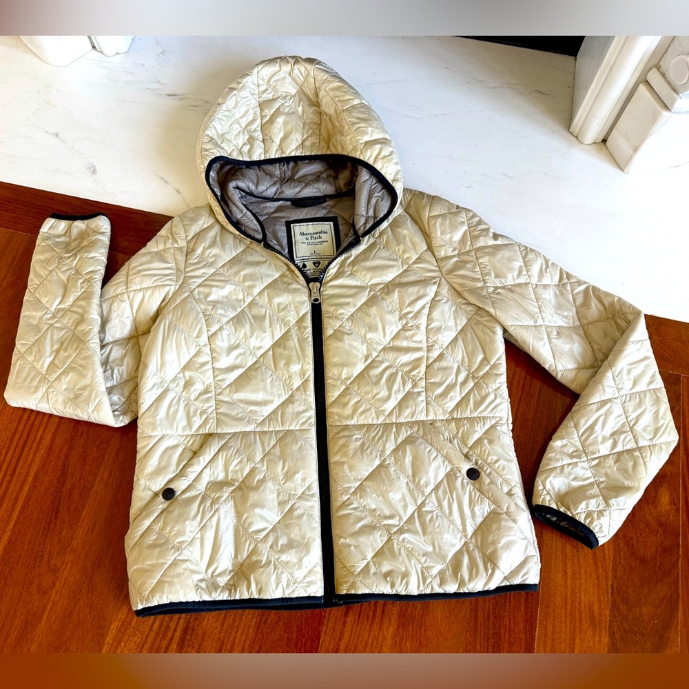 Abercrombie Puffer A&F Women Cream Hooded Quilted Jacket Y2K Size L